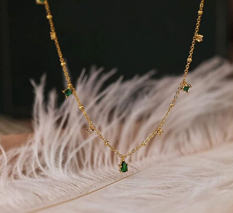 Collier femme doré, émeraude, élégant – Vente Flash Bijoux