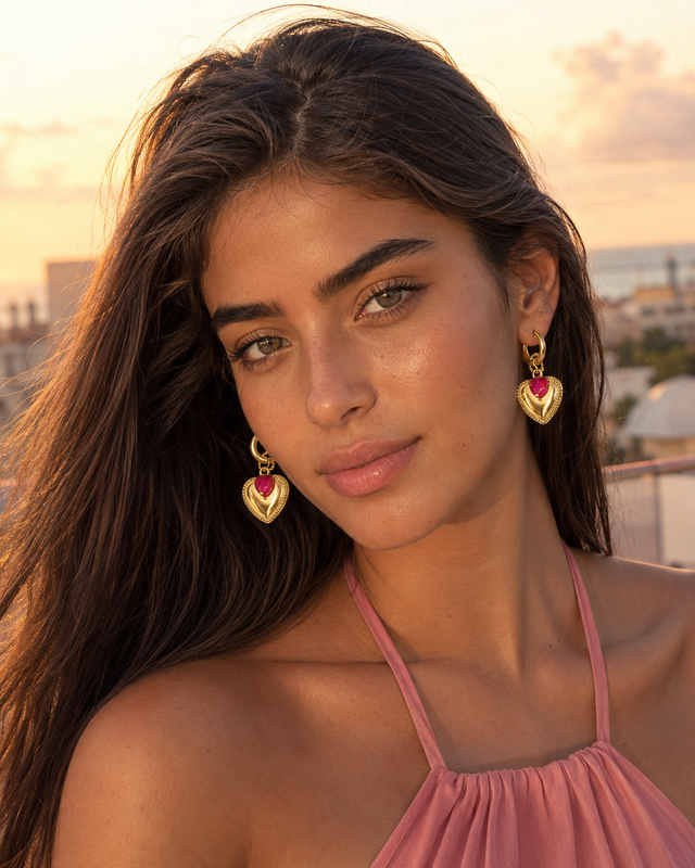 Femme méditerranéenne portant les boucles d’oreilles pendantes cœur doré et cristal fuchsia Lumé au coucher du soleil