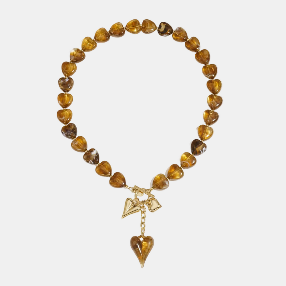 Collier perles cœur Romantique Lumé brun ambré avec breloques dorées