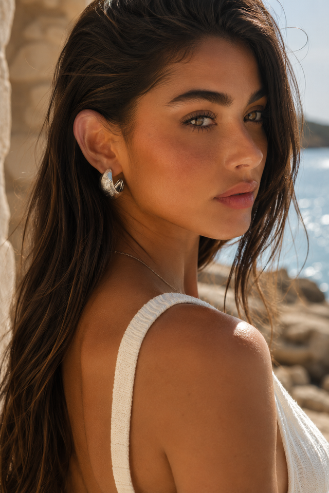 Portrait d’une femme portant les boucles d’oreilles dorées Lumé, vue de profil