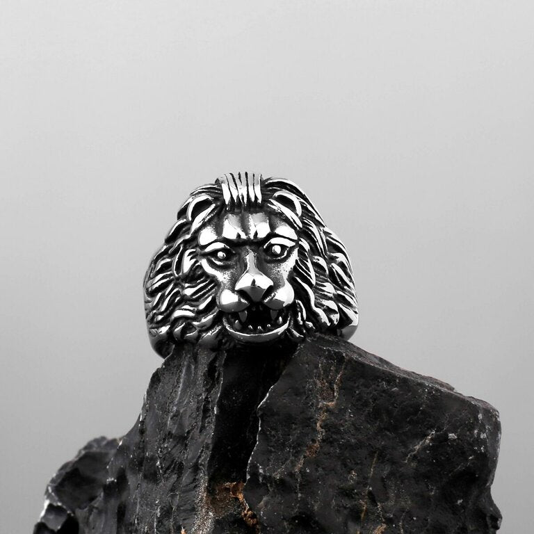 Bague tête de lion argentée, acier inoxydable– Vente Flash Bijoux