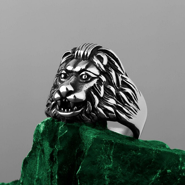 Bague tête de lion argentée, acier inoxydable– Vente Flash Bijoux