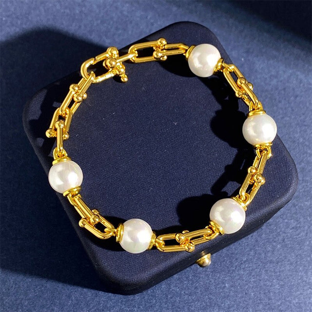 Bracelet femme doré, chaîne, perles, raffiné, graphique – Vente Flash Bijoux