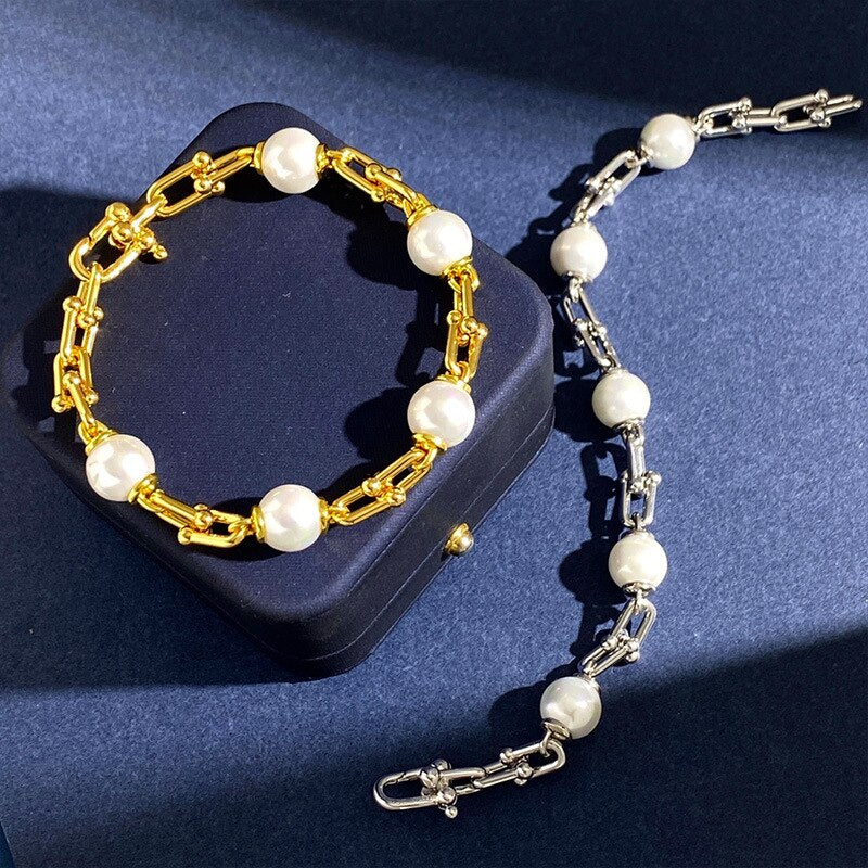 Bracelet femme doré, chaîne, perles, raffiné, graphique – Vente Flash Bijoux