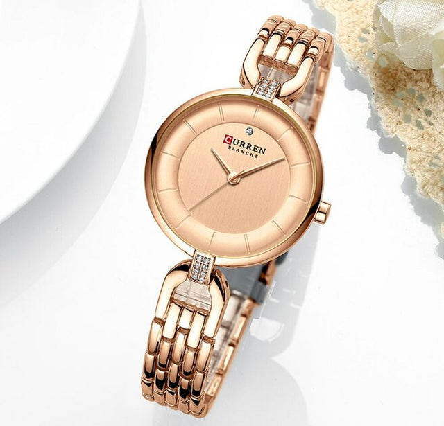 Montre femme dorée rose, à quartz, bracelet acier, tendance – Vente Flash Bijoux