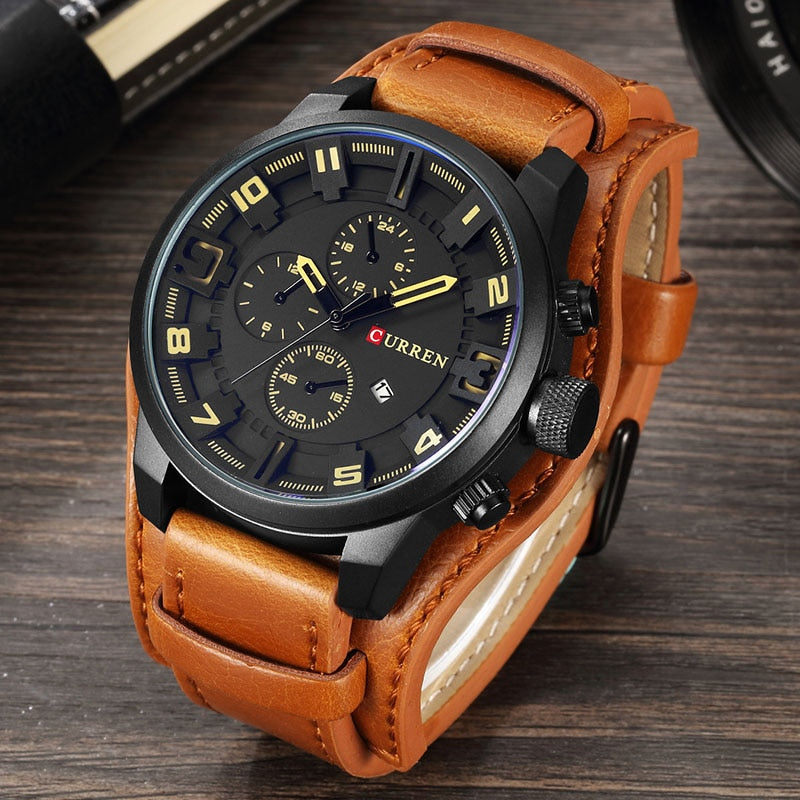 Montre homme à quartz, bracelet cuir, punk – Vente Flash Bijoux
