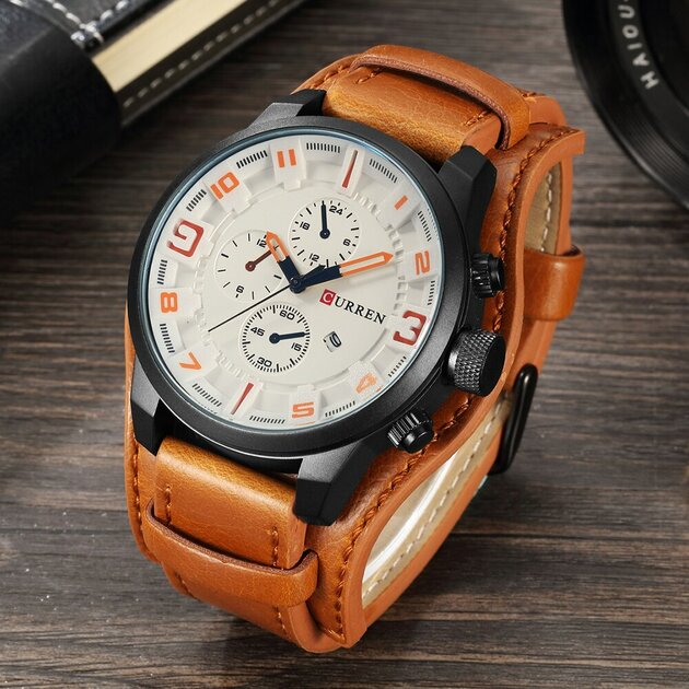 Montre homme à quartz, bracelet cuir, punk – Vente Flash Bijoux