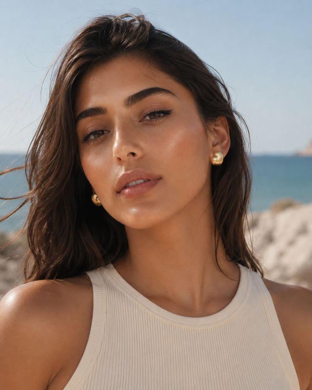 Femme méditerranéenne portant les puces d’oreilles cœur doré Lumé au bord de la mer
