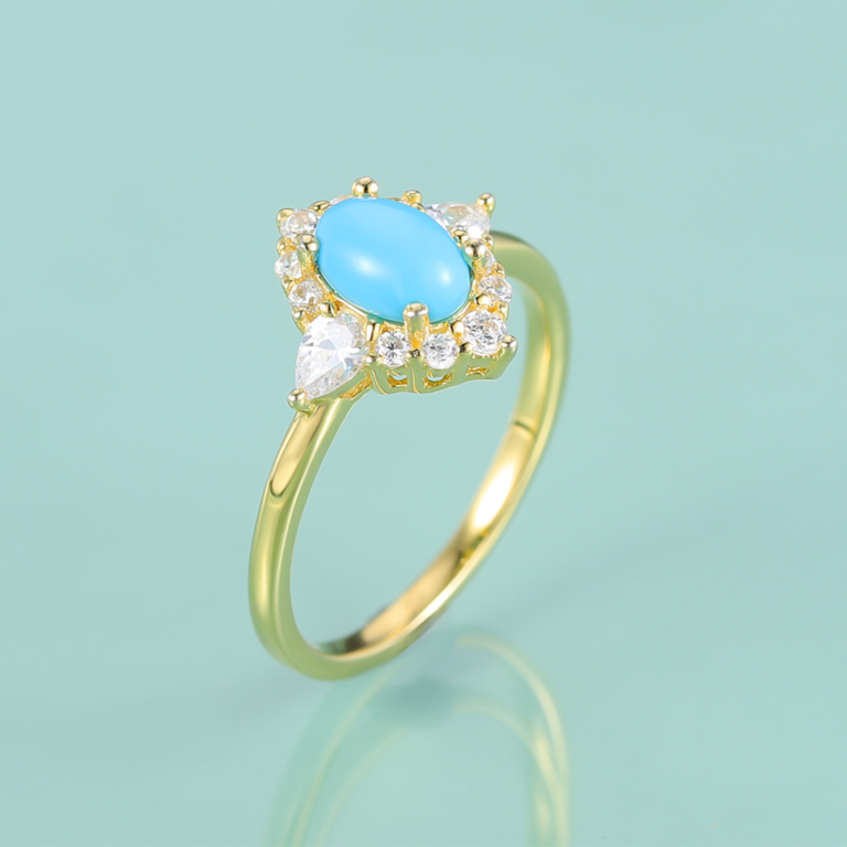 Bague de fiançailles dorée, pierre turquoise– Vente Flash Bijoux