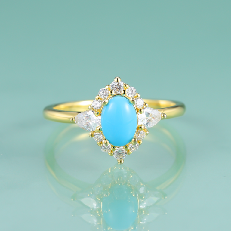 Bague de fiançailles dorée, pierre turquoise– Vente Flash Bijoux