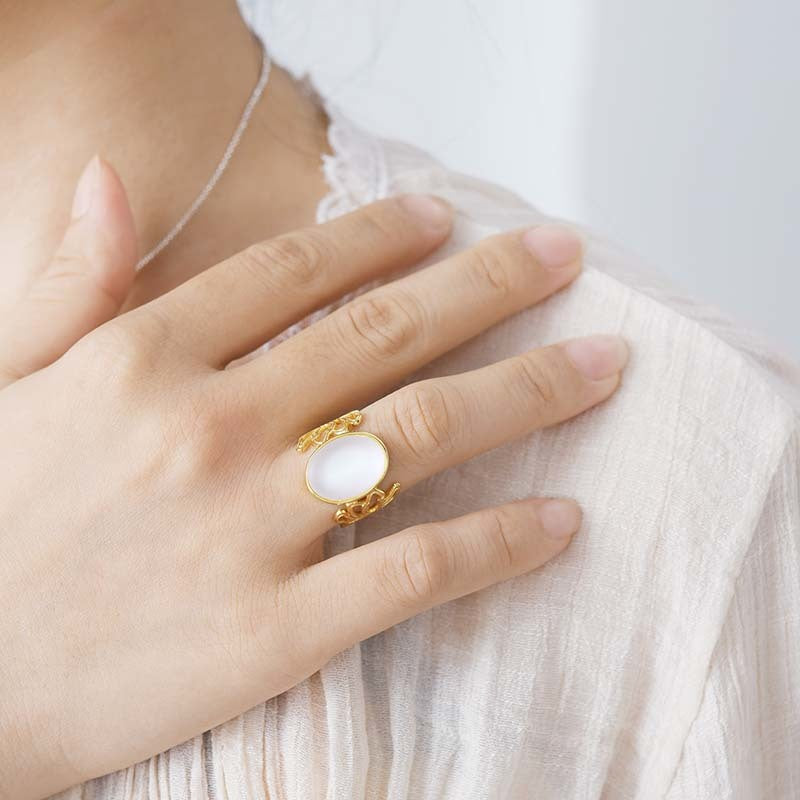 Bague femme dorée ou argentée, fleur, pierre de lune, ajustable – Vente Flash Bijoux
