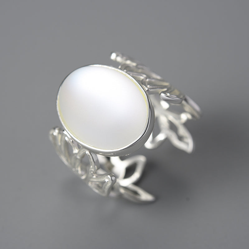 Bague femme dorée ou argentée, fleur, pierre de lune, ajustable – Vente Flash Bijoux