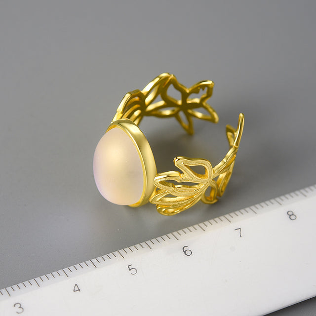 Bague femme dorée ou argentée, fleur, pierre de lune, ajustable – Vente Flash Bijoux