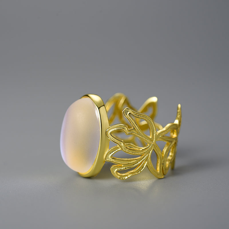 Bague femme dorée ou argentée, fleur, pierre de lune, ajustable – Vente Flash Bijoux