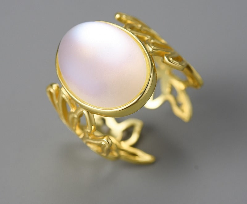 Bague femme dorée ou argentée, fleur, pierre de lune, ajustable – Vente Flash Bijoux