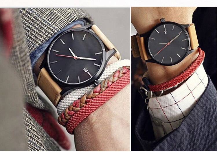 Montre homme à quartz, bracelet cuir, élégant – Vente Flash Bijoux